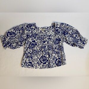 Rachel Zoe Blue Floral Puff-Sleeve Top XS